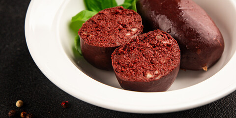 Black pudding blood sausage dish natural product tasty snack fresh delicious gourmet food background on the table rustic top view copy space