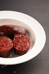Black pudding blood sausage dish natural product tasty snack fresh delicious gourmet food background on the table rustic top view copy space