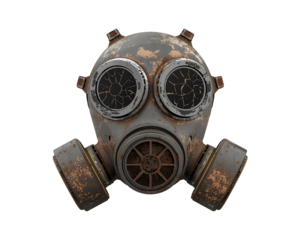 Weathered gas mask with cracks in lenses against solid , creating a sense of isolation