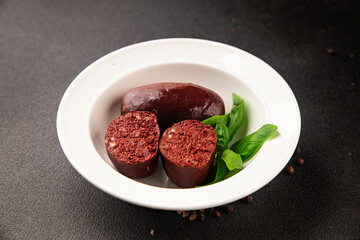 Black pudding blood sausage dish natural product tasty snack fresh delicious gourmet food background on the table rustic top view copy space