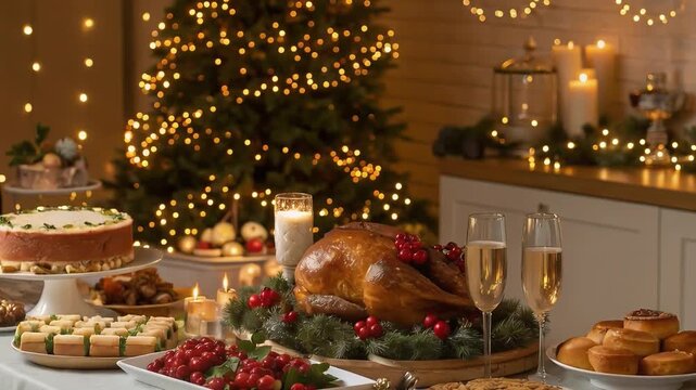 豪華なクリスマスディナー、きらめくキャンドルと七面鳥のクリスマス晩餐