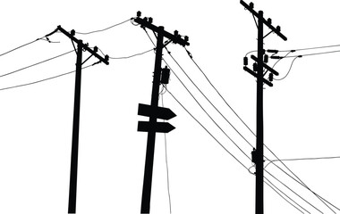 Silhouette utility poles, directional street sign, power line network, transformers and insulators, electricity distribution, urban infrastructure, black outline, energy grid