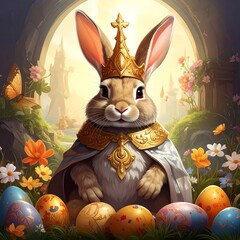A regal rabbit king, crowned and regal, surrounded by Easter eggs and springtime flowers