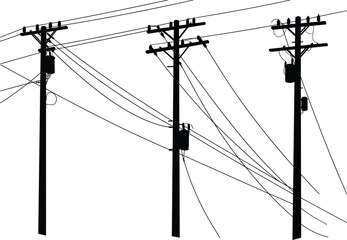 Silhouette utility poles, electrical transformers, power line network, urban energy infrastructure, rural electricity grid, voltage distribution, overhead wires, black outline silhouette