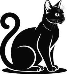 Elegant black cat sitting pose illustration on transparent background silhouette