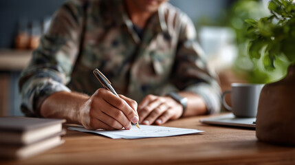 Service member writing letter at desk military correspondence personal communication deployment letters staying connected military downtime personal reflection