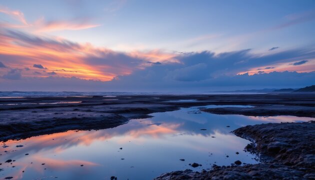 twilight sky mirrored in shallow tidal pools, perfect reflections, warm cool gradient tones, peaceful and reflective mood.