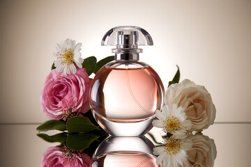 Obraz premium Elegant glass perfume bottle with delicate pink and white roses and soft lighting