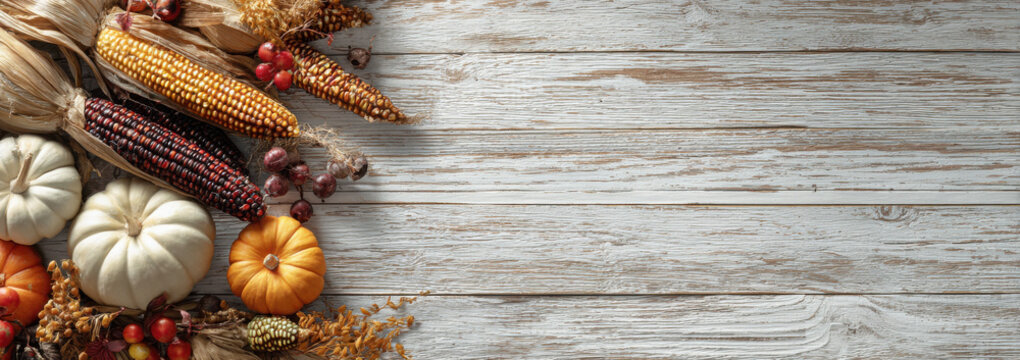 Autumn harvest still life featuring pumpkins corn and berries arranged on a rustic wooden surface for Thanksgiving or fall themes