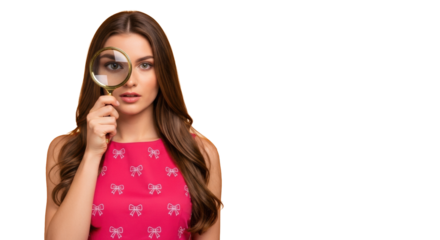 Young caucasian woman, long brown hair, pink top with bows, holds brass magnifying glass to eye, looking intently at camera on bright orange studio background with copy space, concept of focused