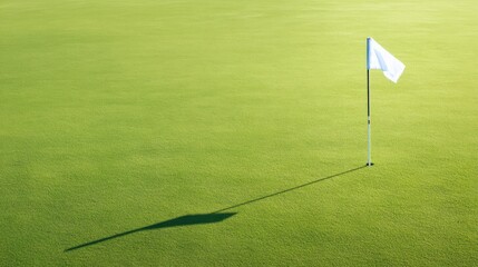 Obraz premium Golf Hole With Flag Casting a Long Shadow Over the Smooth Green Grass During Bright Sunlight