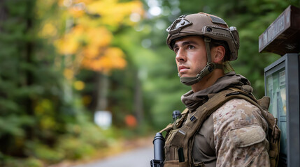 Service member standing guard duty at post security watch sentry duty vigilant service protective stance military security guard position watchful duty with copy space