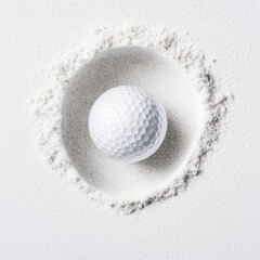 Golf Ball Positioned at the Center of a Sand Trap Near the Hole on a Bright Sunny Day on the Course