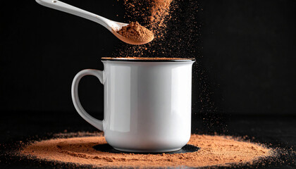 chocolate protein powder spoon fall in mug
