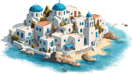 Whitewashed Houses and Blue Domes in Isometric Greek Island Village - Professional Image