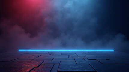Dark street, night smog and smoke neon light. Dark background of the night city, ray of light in the dark. Gloomy dark background.