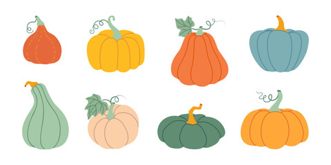 Pumpkin set. Pumpkin and squash different colors and sizes. Hand drawn trendy flat style isolated on transparent background. Thanksgiving, farm harvest. Vector illustration