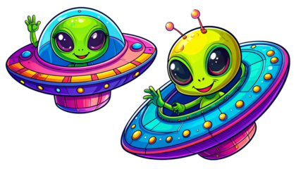Adorable extraterrestrial flying saucer duo isolated on transparent background.