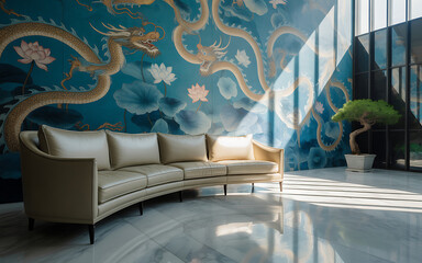 Elegant curved sofa in a modern interior featuring a dragon mural creating a luxurious living space