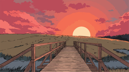 Scenic Landscape Bridge Sunset Vector with Outline Isolated Design