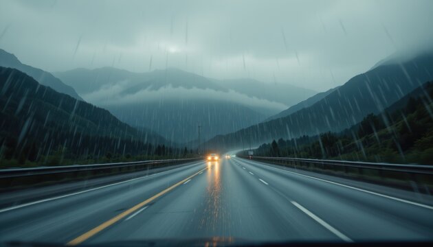 cinematic shot of rain pouring over mountain highway, water mist rising, headlights reflecting off wet surface.