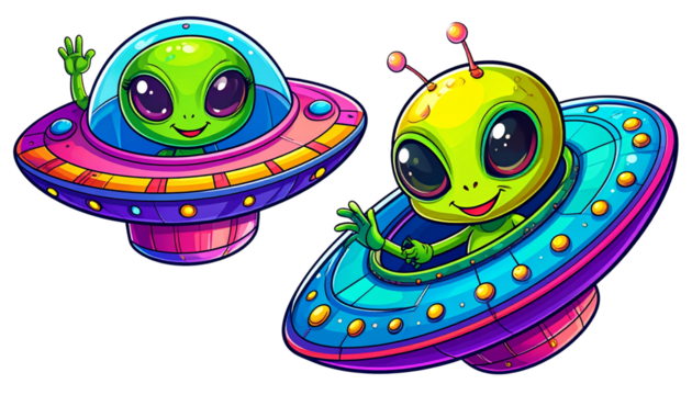 Adorable extraterrestrial flying saucer duo isolated on transparent background.