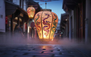 Illuminated Chinese lantern with dragon design glowing in a misty street creating a festive and cultural atmosphere