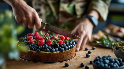 Military member cutting celebration cake at party homecoming cake celebration dessert party moment festive tradition sweet celebration party centerpiece joyful occasion wit