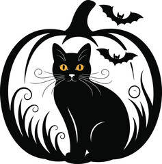 Halloween pumpkin with a black cat and bats on transparent background silhouette