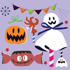 A Cheerful Halloween Composition Featuring Spooky Treats, Decorations, and Friendly Ghosts on a Light Purple Background, Perfect for Festive Fun