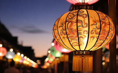 Illuminated Chinese lanterns with dragon designs glowing warmly at dusk perfect for cultural events and festive celebrations
