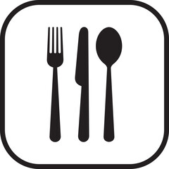 Restaurant menu cutlery icon. Minimal flat black silhouette plate, fork, knife, spoon symbol in rectangle frame, isolated on transparent background. Restaurant and cafe symbol. Vector illustration.