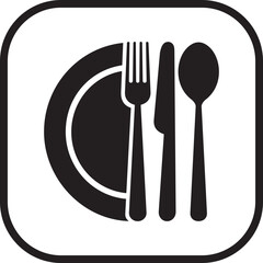Restaurant menu cutlery icon. Minimal flat black silhouette plate, fork, knife, spoon symbol in rectangle frame, isolated on transparent background. Restaurant and cafe symbol. Vector illustration.
