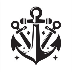  Black nautical anchor with three smaller anchors and stars on a white background vector illustration © Rohit
