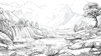 Majestic Mountain Landscape River Waterfall Forest Sunset Vector