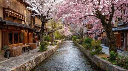 Naklejka premium kyoto japan at the shirakawa river in the gion district during the spring cherry blosson season no logos no brands ar 169