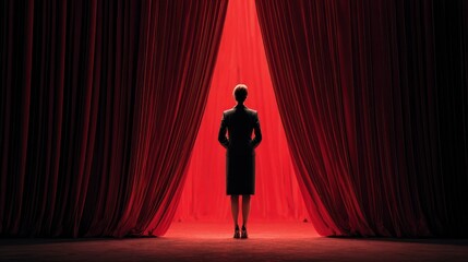 businesswoman on stage with red curtains leadership concept no logos no brands ar 169