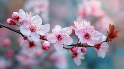 Fototapeta premium beautiful spring background with pink sakura flowers closeup on a branch on the blurred background of blossoming garden in springtime no logos no brands ar 169