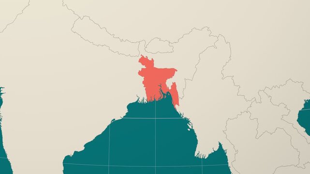 Bangladesh map. Animated zoom into the country on the Globe in Teal Pale Mint color palette. Country logo animation. Map with meridians, parallels. Charming video.