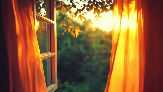 Warm morning light streams through an open window with orange curtains and green trees