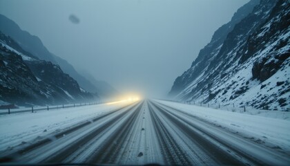 snowstorm over mountain pass, whiteout conditions, headlights glowing faintly through mist, cinematic tension.