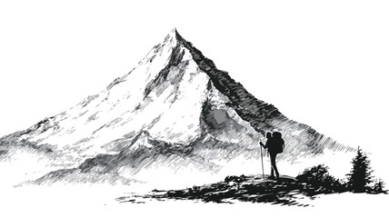 Man Mountain Peak Adventure Outdoors Travel Vector with Outlines