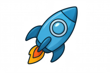 Blue cartoon rocket flying, launching into space, representing startup success and business growth concept, transparent background