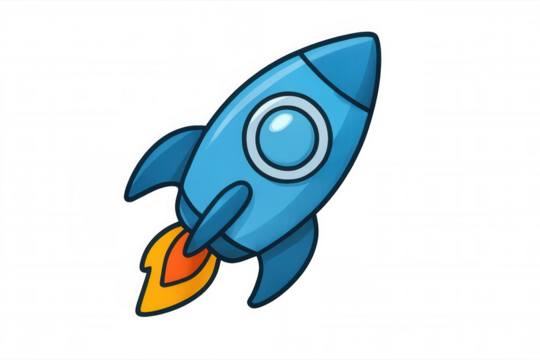 Blue cartoon rocket flying, launching into space, representing startup success and business growth concept, transparent background