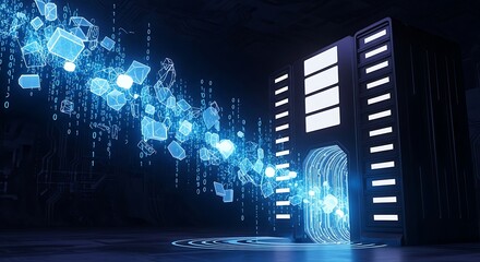 Futuristic server data transfer with glowing cubes and binary code visualization