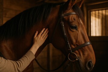 Close interaction between a person and a horse in a stable during the late afternoon