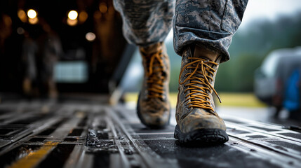 Service member stepping off transport vehicle arrival moment military transport deployment return first step home arrival scene transport arrival homecoming beginning with