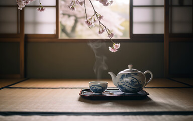 Japanese tea ceremony with teapot and cup traditional setting with tatami mats and cherry blossoms for relaxation and cultural experience