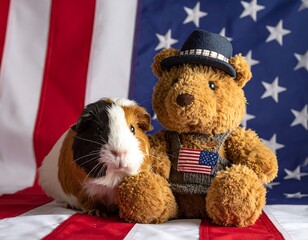 Guinea pig and teddy bear in front of flag
