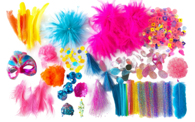 Close up view of colorful carnival accessories including masks and beads symbolizing festivity and celebration isolated on transparent background PNG